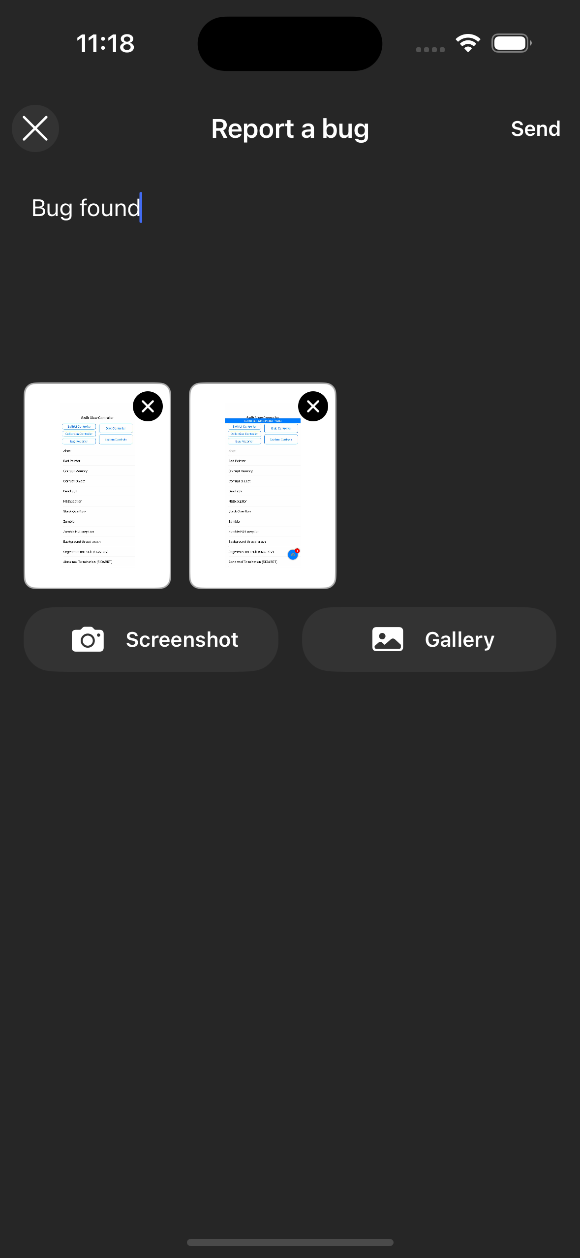 iOS 上深色模式下的错误报告屏幕